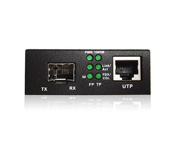 A 1000Base-FX SFP port to 1000Base-TX RJ-45 port optical media converter showing both ports.