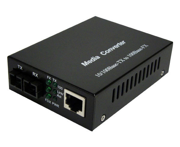 An RJ45 to 100Base-FX multimode SC fiber media converter.