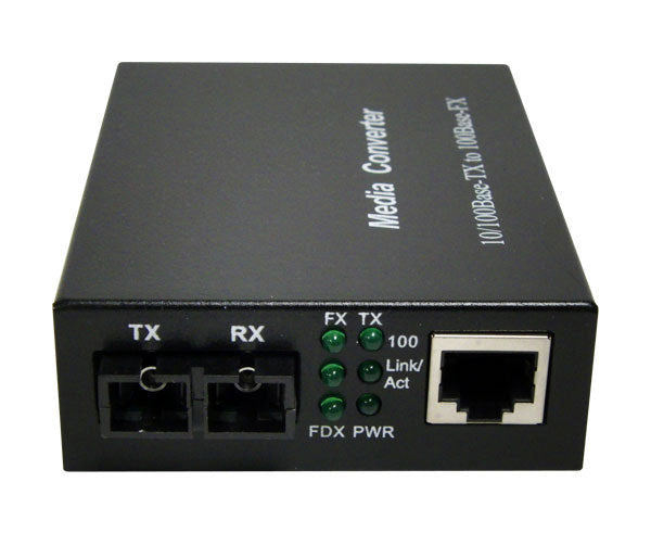 An RJ45 to 100Base-FX multimode SC fiber media converter with warning LEDs.