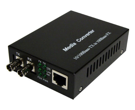 An RJ45 to 100Base-FX multimode ST fiber media converter.