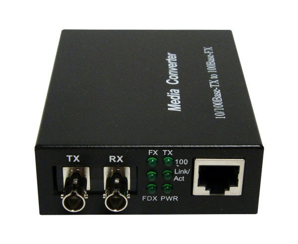 An RJ45 to 100Base-FX multimode ST fiber media converter with warning LEDs.