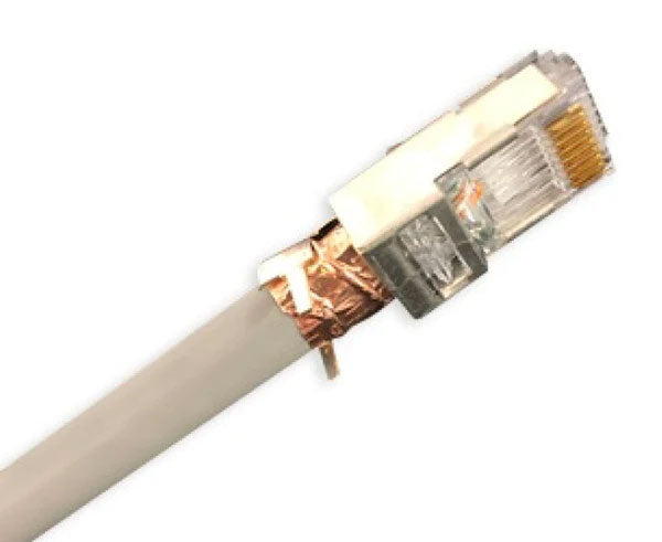 Copper foil strip installed with a shielded rj45 connector.