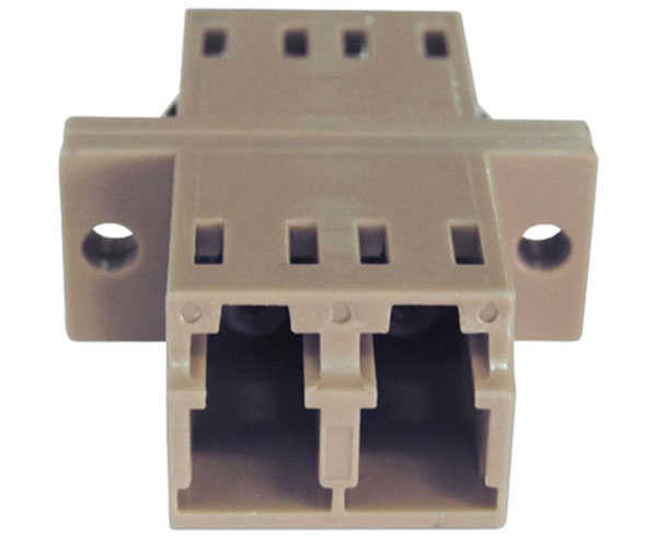 A beige duplex LC fiber optic adapter showing screw holes.