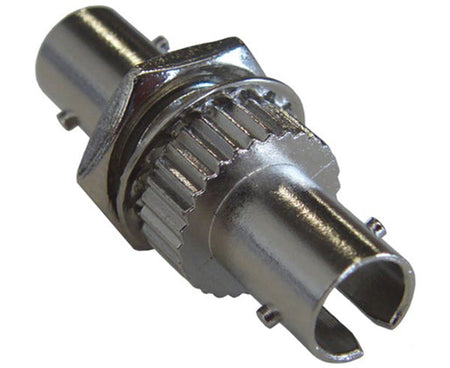 A simplex ST multimode fiber adapter showing metal body and nut.