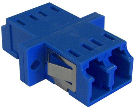 A blue LC/UPC duplex single-mode fiber adapter.