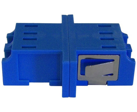 A blue LC/UPC duplex single-mode fiber adapter with metal clips.