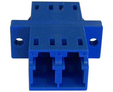 A blue LC/UPC duplex single-mode fiber adapter showing screw holes.