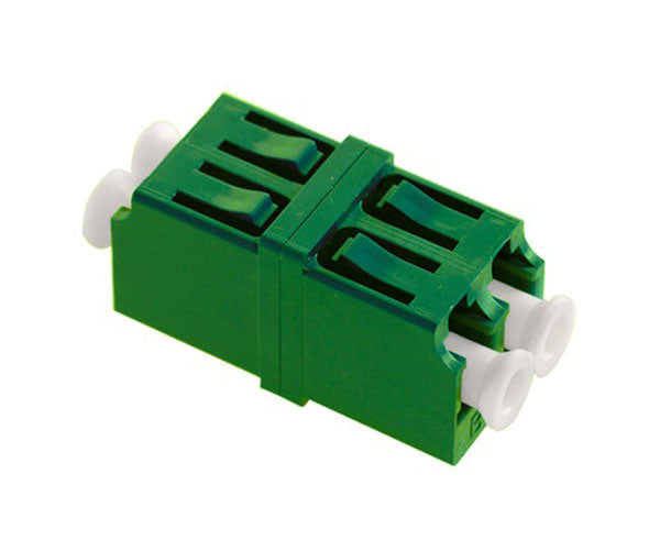 A green LC/APC single-mode fiber adapter with plastic clips.
