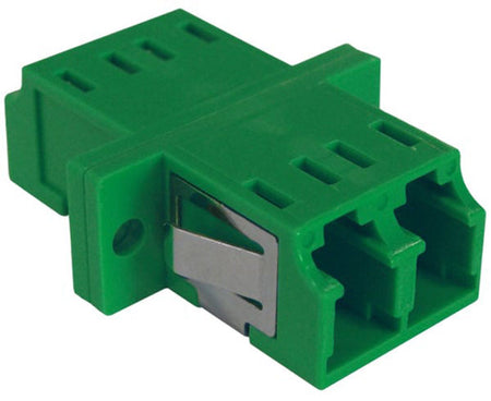 A green LC/APC single-mode fiber adapter.