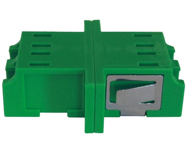 A green LC/APC single-mode fiber adapter with clips.