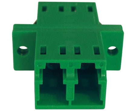 A green LC/APC single-mode fiber adapter showing screw holes.