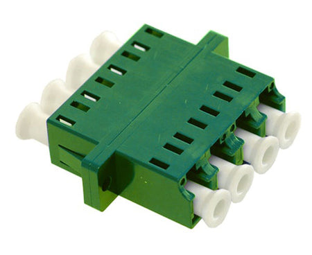 A green quad LC/APC single-mode fiber adapter with clips and dust caps.