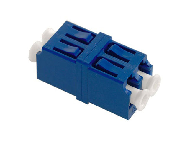 A blue duplex LC/UPC single-mode fiber adapter with clips and dust caps.