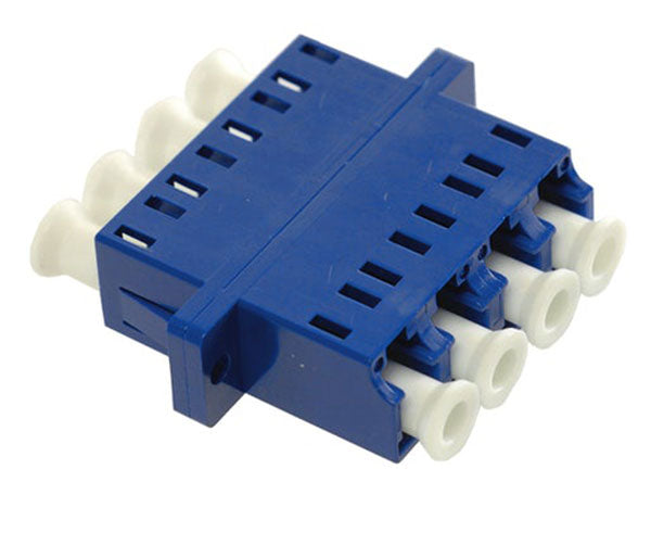 A blue quad LC/UPC single-mode fiber adapter with clips and dust caps.