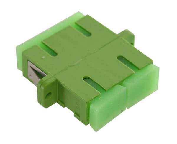 A green duplex SC/APC single-mode fiber adapter with metal clips and dust caps.