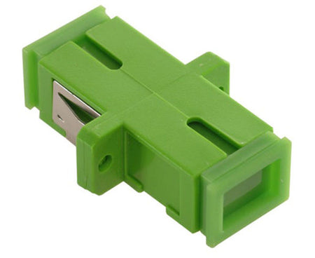 A green simplex SC/APC single-mode fiber adapter with metal clips and dust caps.
