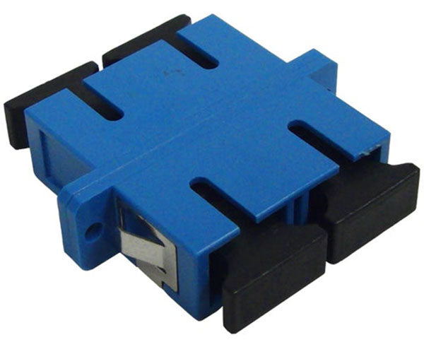A blue duplex SC/UPC single-mode fiber adapter with metal clips and dust caps.