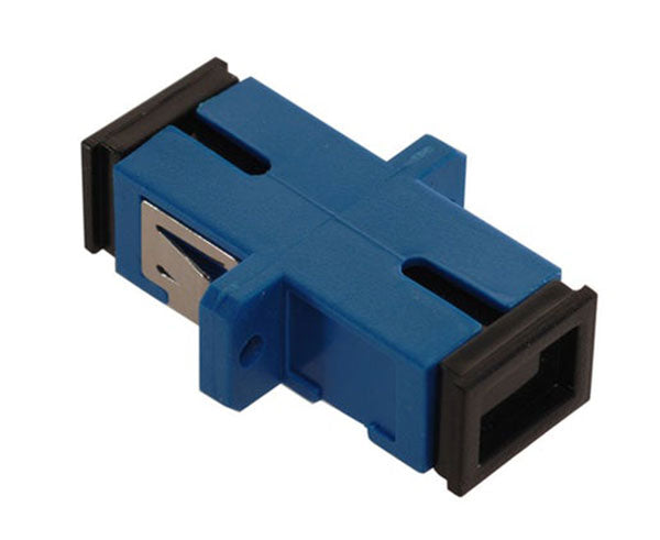 A blue simplex SC/UPC single-mode fiber adapter with metal clips and dust caps.