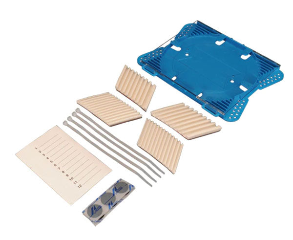 Blue plastic fiber splice tray with 12 single fusion splices, fiber holders and label.