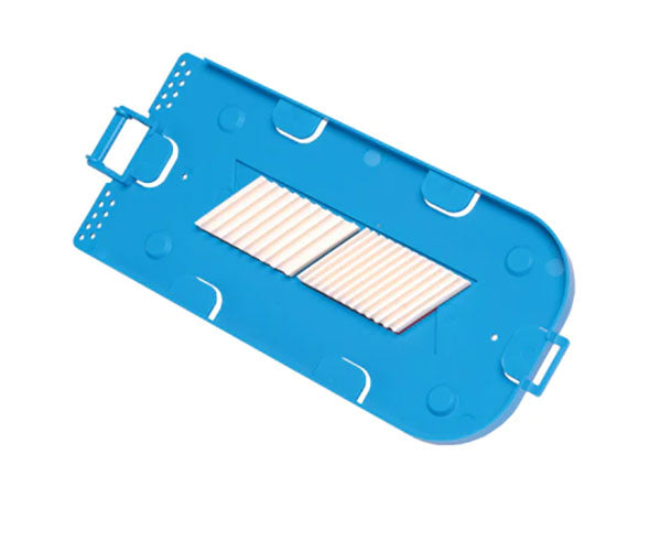  Blue plastic fiber splice tray with 24 single fusion splices.