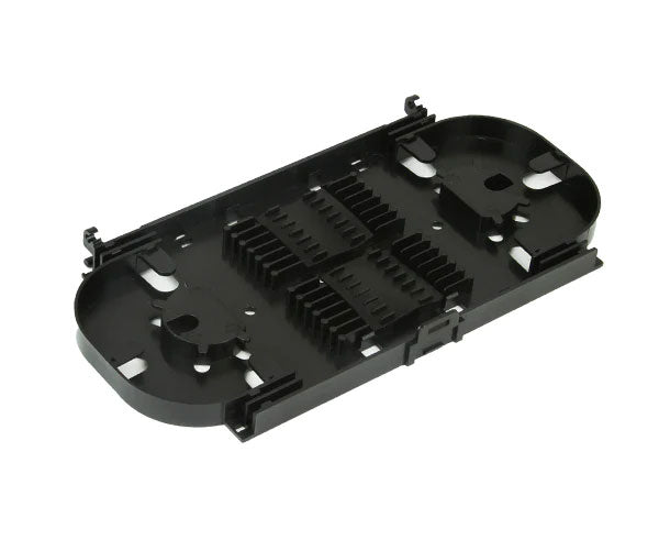 Black wall mount fiber splice tray with 24 single fusion splices showing integral holders.
