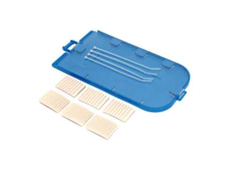 Blue plastic fiber splice tray with 36 single fusion splices.