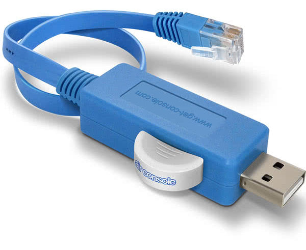 An Airconsole USB to Bluetooth and serial cable with RJ45 connector.