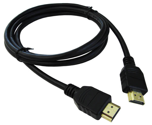 A coiled HDMI cable with black jacket and gold plated connectors.