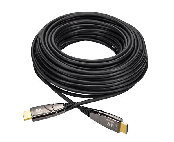 A coiled 4K fiber optic HDMI cable with black jacket and gold plated connectors.