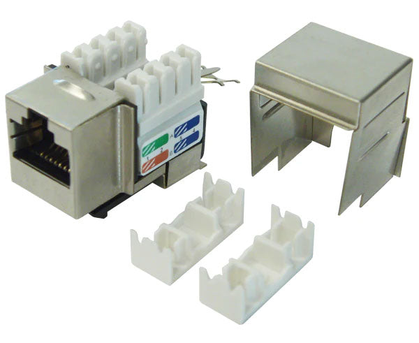 Cat5e shielded rj45 keystone jack with idc caps and metal cover.