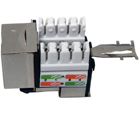 Cat6 shielded rj45 keystone jack with 90-degree contacts and t568 wiring label.