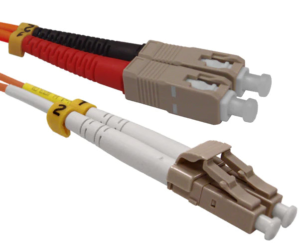A duplex LC OM1 connector and a duplex SC OM1 connector with orange fiber.