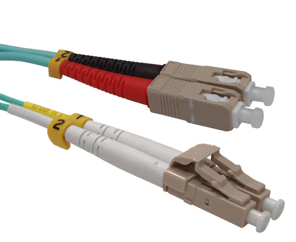 A duplex LC OM3 connector and a duplex SC OM3 connector with aqua fiber.