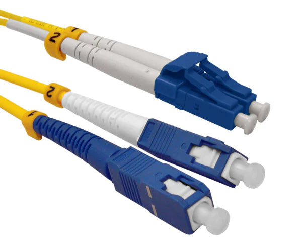 A duplex LC OS2 connector and a duplex SC OS2 connector with yellow fiber.