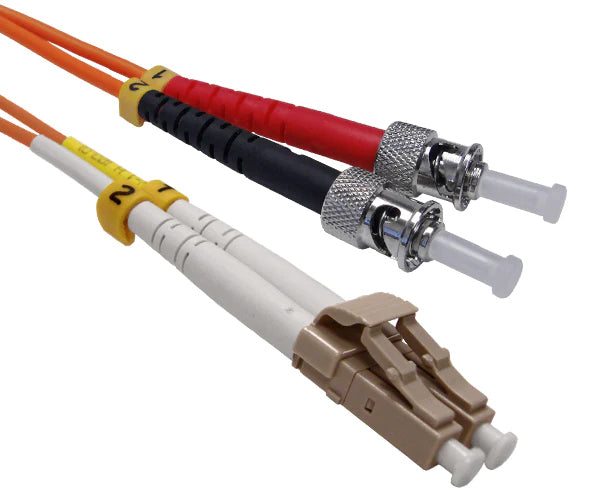A duplex LC OM1 connector and a two ST OM1 connectors with orange fiber.
