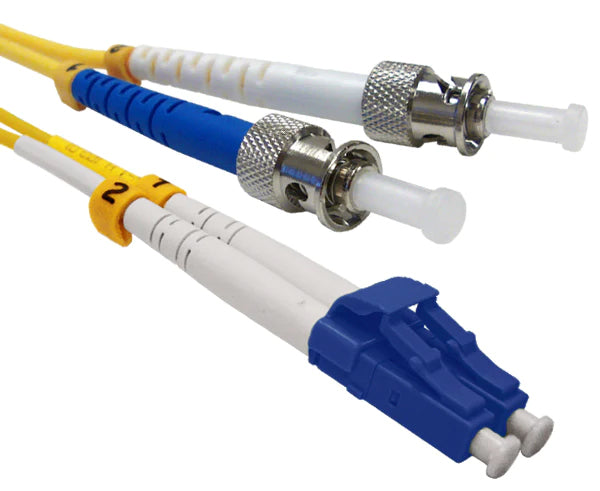 A duplex LC OS2 connector and a two ST OS2 connector with yellow fiber.