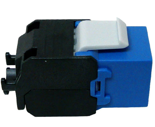 Blue cat6a high-density unshielded rj45 keystone jack with 180-degree contacts and locking tab.