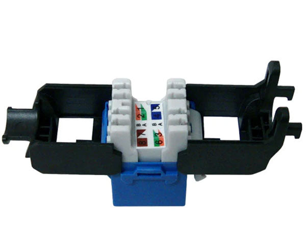 Blue cat6a high-density unshielded rj45 keystone jack with 180-degree contacts and open body.