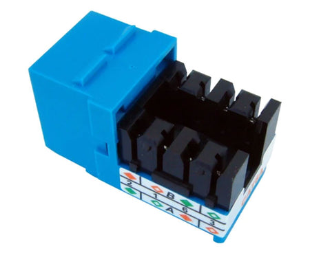 Blue cat6a high-density unshielded rj45 keystone jack with 90-degree contacts and wiring label.