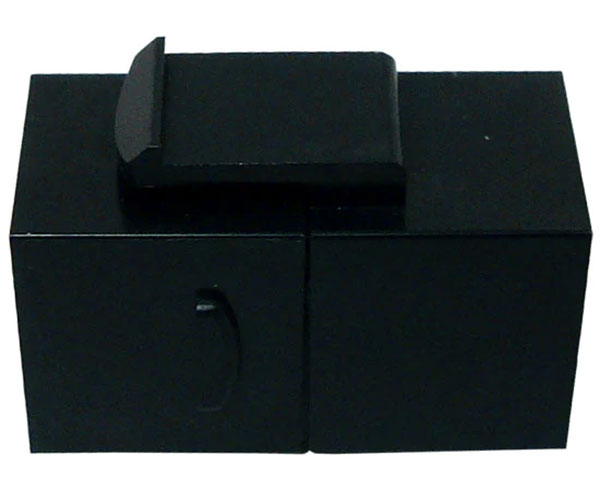 A black cat6a unshielded inline coupler with keystone latch.