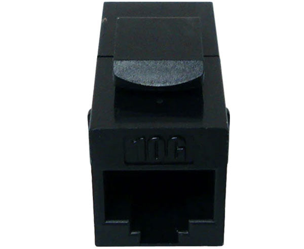 A black cat6a unshielded inline coupler showing rj45 port.