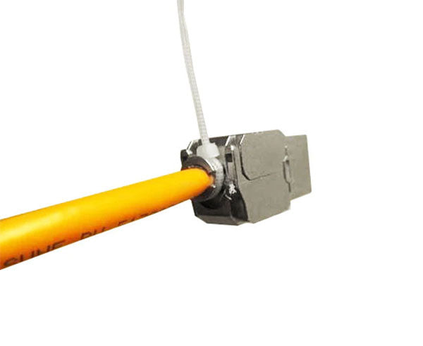 Cat6a high-density shielded keystone jack installed on a yellow network cable.