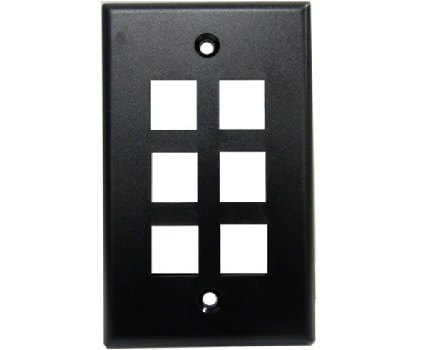 A six port high-density black keystone wall plate.