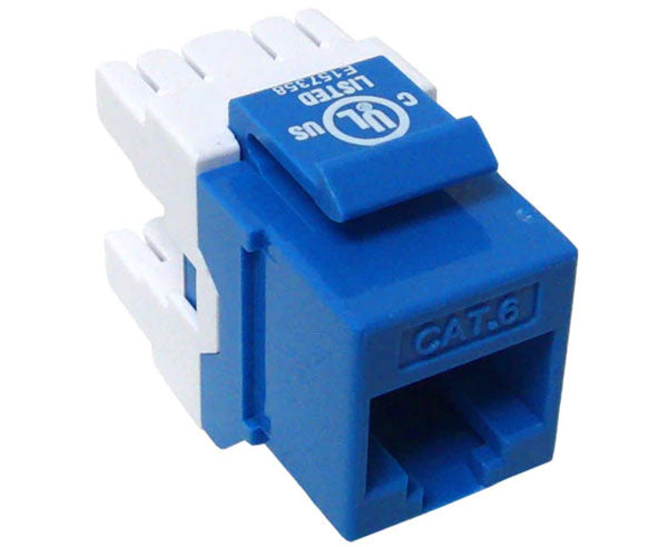 Blue cat6 high-density keystone jack with 180 degree contacts.
