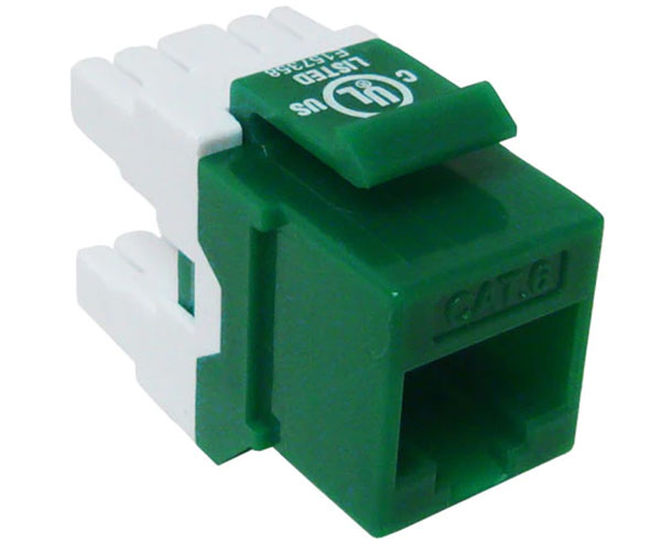 Green cat6 high-density keystone jack with 180 degree contacts.