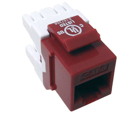 Red cat6 high-density keystone jack with 180 degree contacts.
