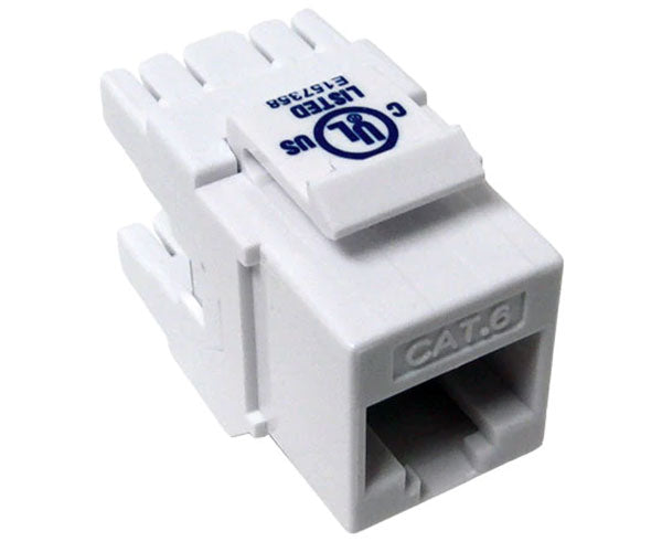 White cat6 high-density keystone jack with 180 degree contacts.