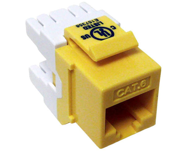 Yellow cat6 high-density keystone jack with 180 degree contacts.
