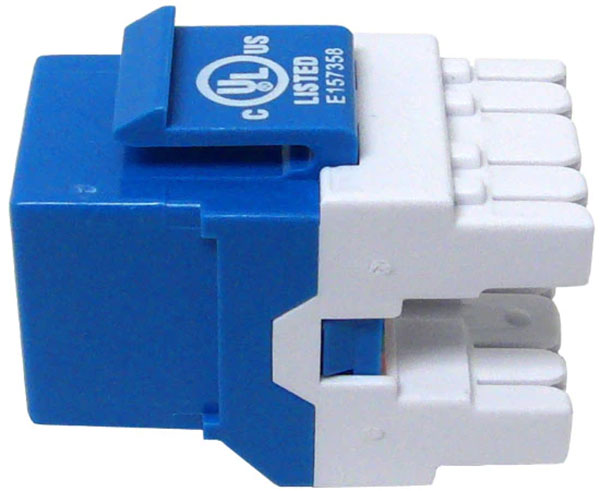 Blue cat6 high-density keystone jack with 180 degree contacts showing cable entry.