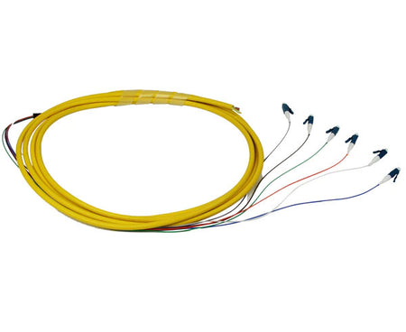 6 strand single-mode LC fiber optic pigtail with yellow jacket.